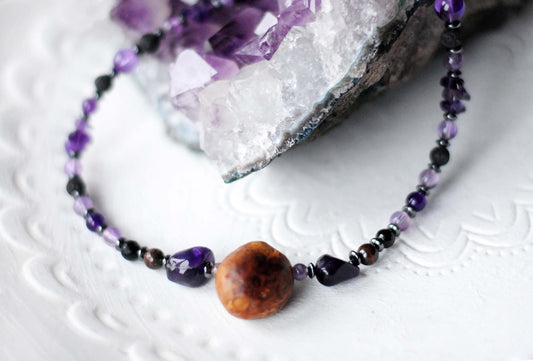 Innerer Frieden ✧ Baumperlen-Kette ✧ Amethyst & Hämatit ✧ Unikat