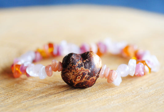 Selbstliebe ✧ Baumperlen-Armband ✧ Rosenquarz & Sonnenstein ✧ Unikat