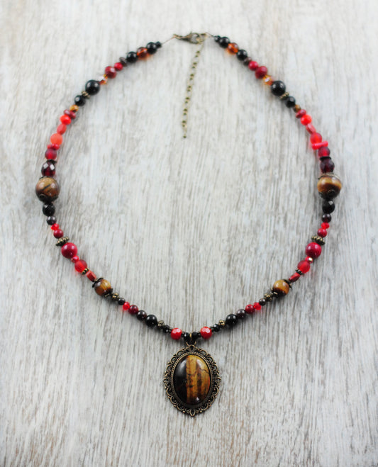 "Tigerauge" Unikat-Kette mit Granat, Tigerauge, Bronzit, Jaspis ...