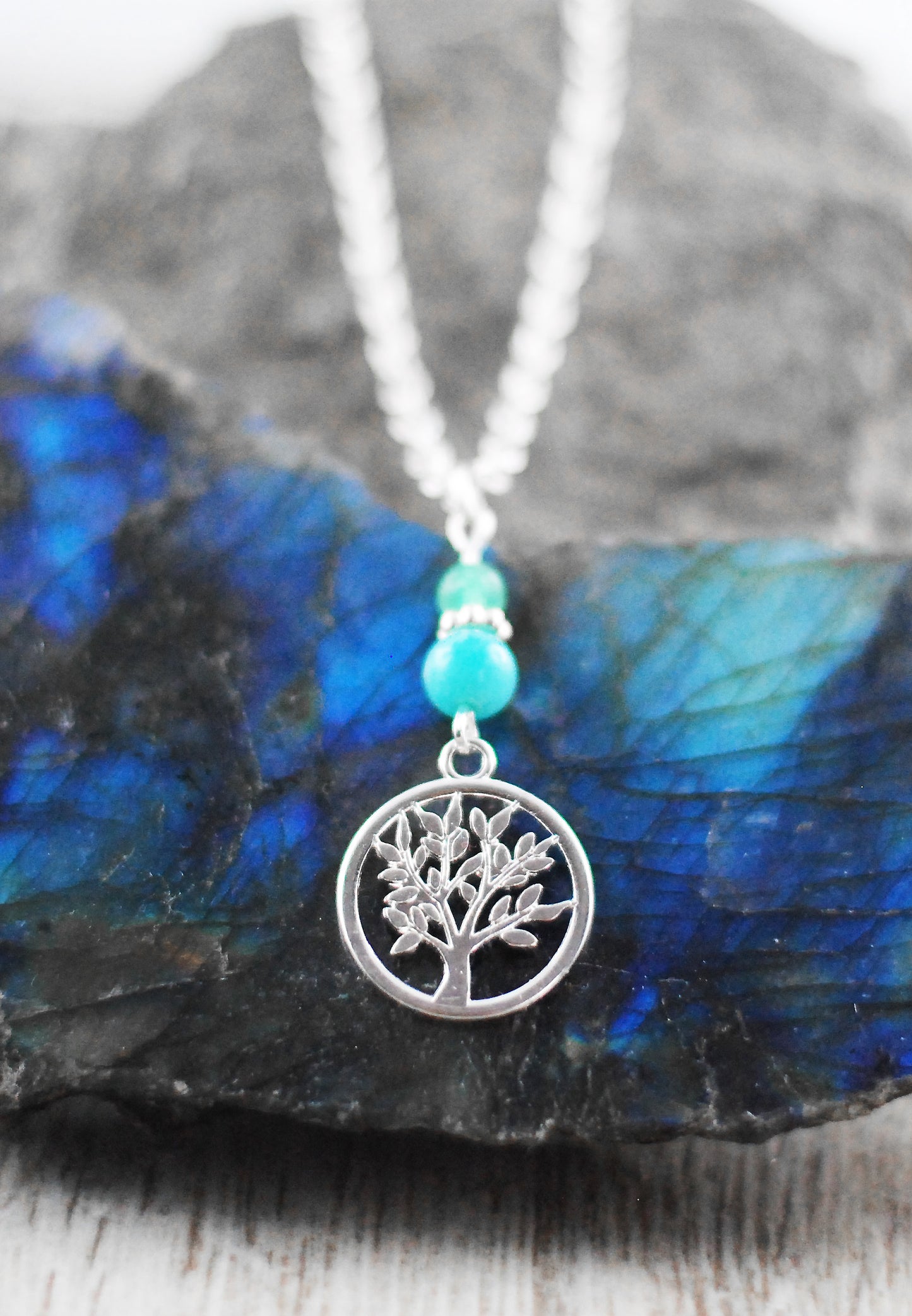 Kette "Lebensbaum" mit Amazonit und Aventurin, versilbert