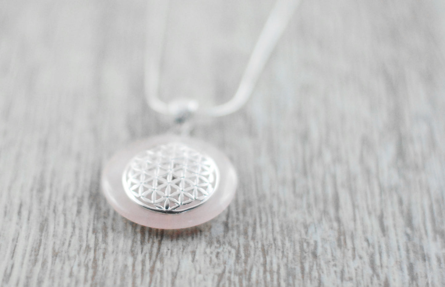 925 Silber Wechsel-Amulett Blume des Lebens mit Rosenquarz (Stein auswechselbar)