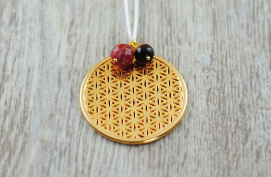 Blume des Lebens vergoldet mit Achat und Tigerauge