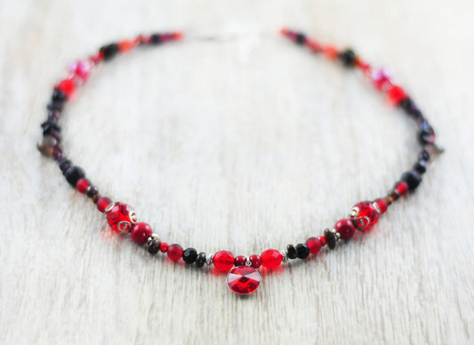 "Herbstwald" Unikat-Kette mit Granat, Tigerauge, Bronzit, Lavastein ...