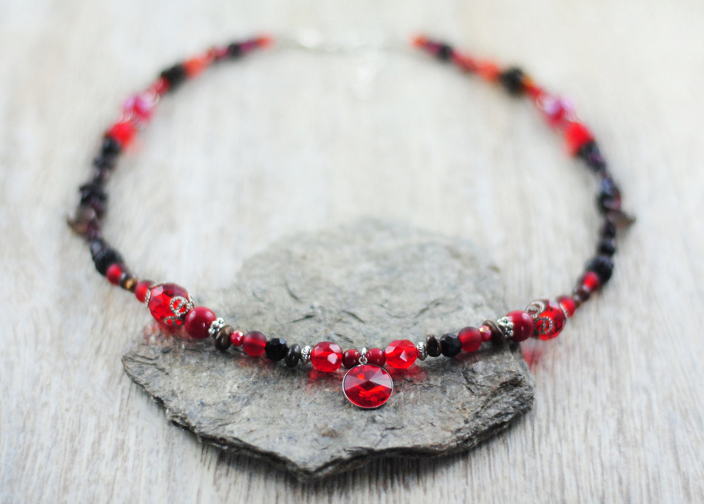 "Herbstwald" Unikat-Kette mit Granat, Tigerauge, Bronzit, Lavastein ...