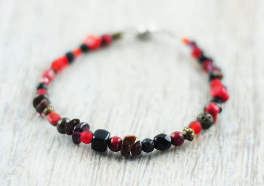 Tigerauge / UNIKAT-Armband mit Onyx, Koralle, Bronzit, Granat, Tigerauge ...