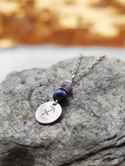 Sternzeichen Amulett Schütze mit Sodalith und Amethyst - Edelstahl, lasergraviert