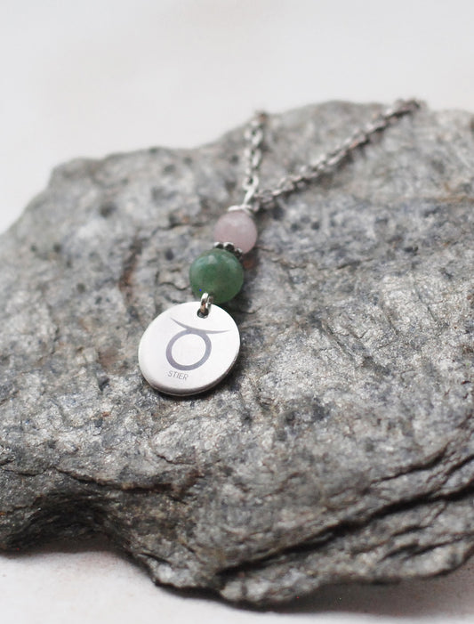 Sternzeichen Amulett Stier mit Rosenquarz und Aventurin - Edelstahl, lasergraviert