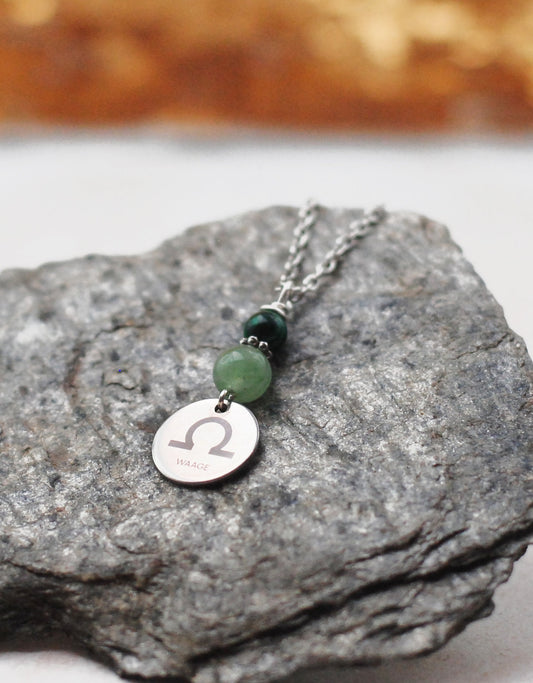 Sternzeichen Amulett Waage mit Malachit und Aventurin - Edelstahl, lasergraviert