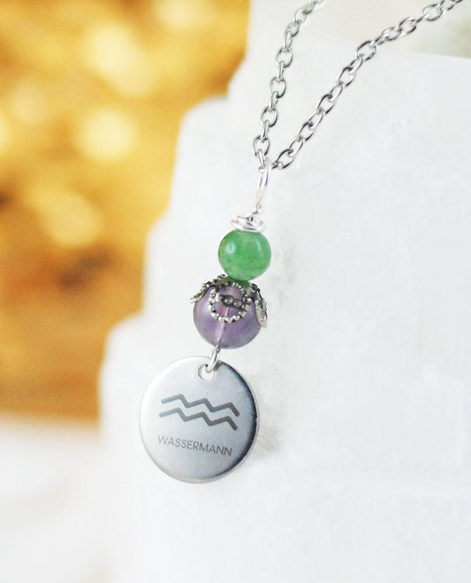 Sternzeichen Amulett Wassermann mit Fluorit und Aventurin - Edelstahl, lasergraviert