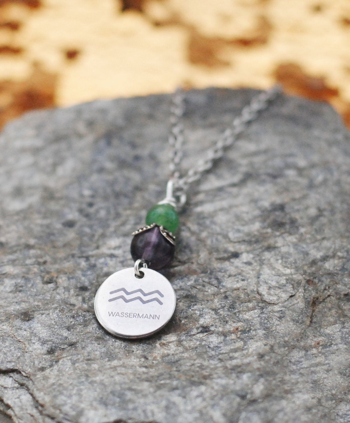 Sternzeichen Amulett Wassermann mit Fluorit und Aventurin - Edelstahl, lasergraviert