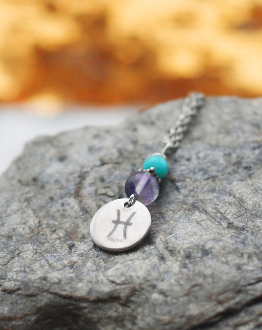 Sternzeichen Amulett Fische mit Fluorit und Amazonit - Edelstahl, lasergraviert