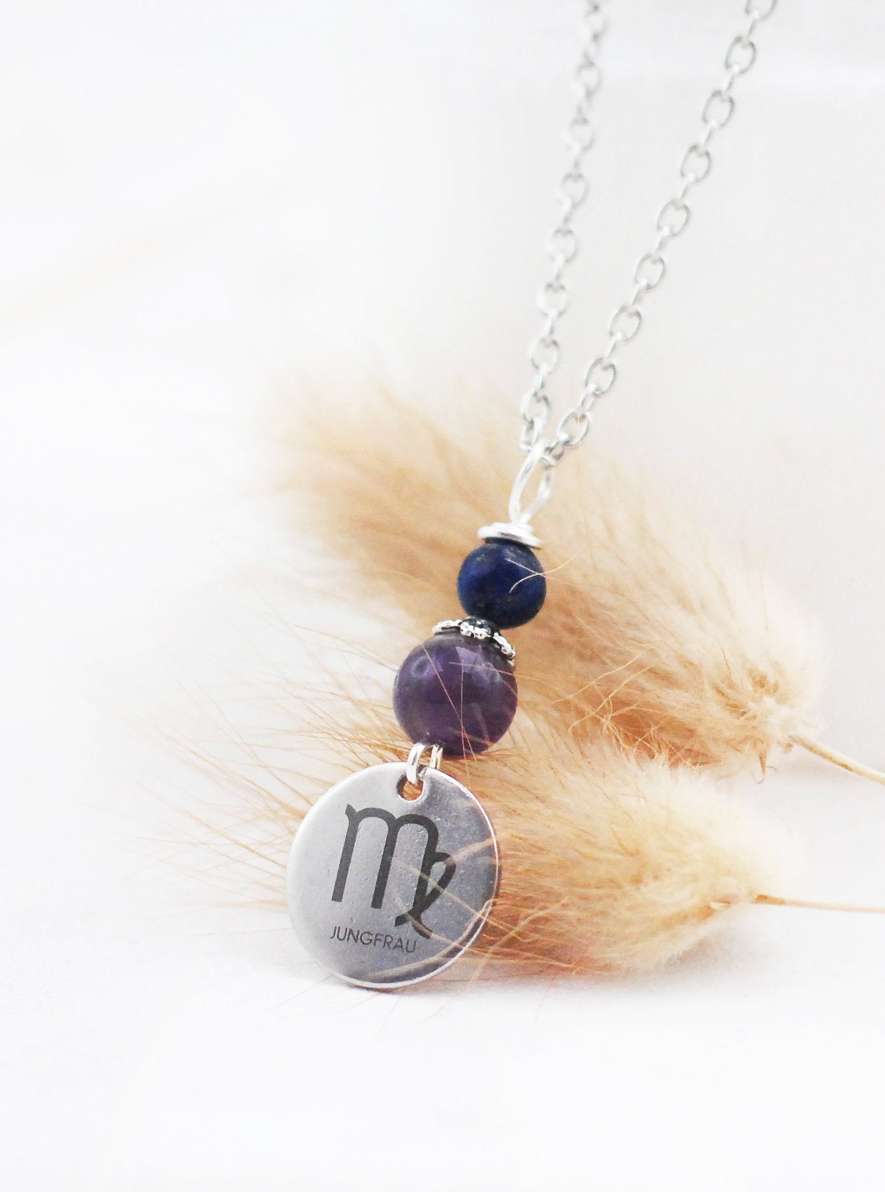 Sternzeichen Amulett Jungfrau mit Lapislazuli und Amethyst - Edelstahl, lasergraviert