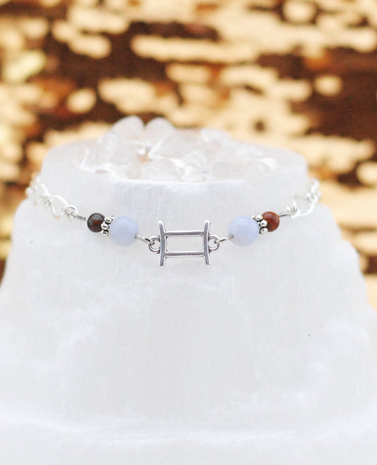 Armschmuck Zwillinge versilbert mit Chalcedon und Tigerauge - Sternzeichen Schmuck