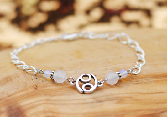 Armschmuck Krebs versilbert mit Rosenquarz und Mondstein - Sternzeichen Schmuck