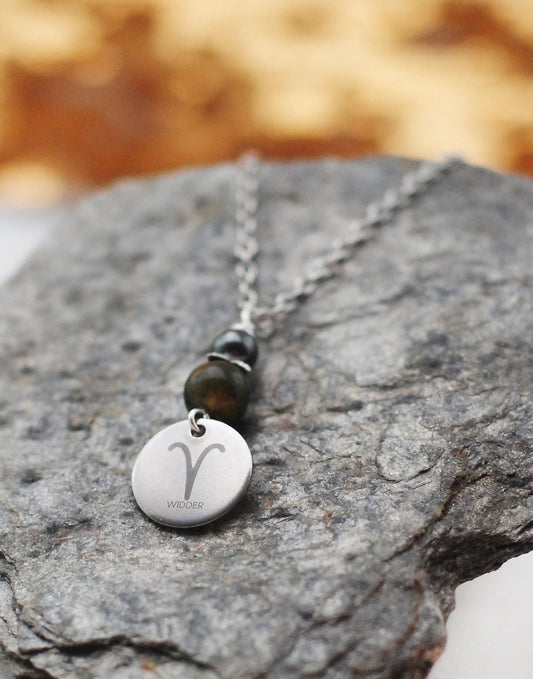 Sternzeichen Amulett Widder mit Jaspis und Hämatit - Edelstahl, lasergraviert