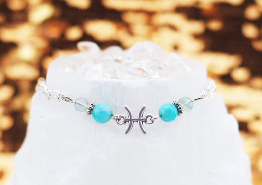 Armschmuck Fische versilbert mit Fluorit und Amazonit - Sternzeichen Schmuck