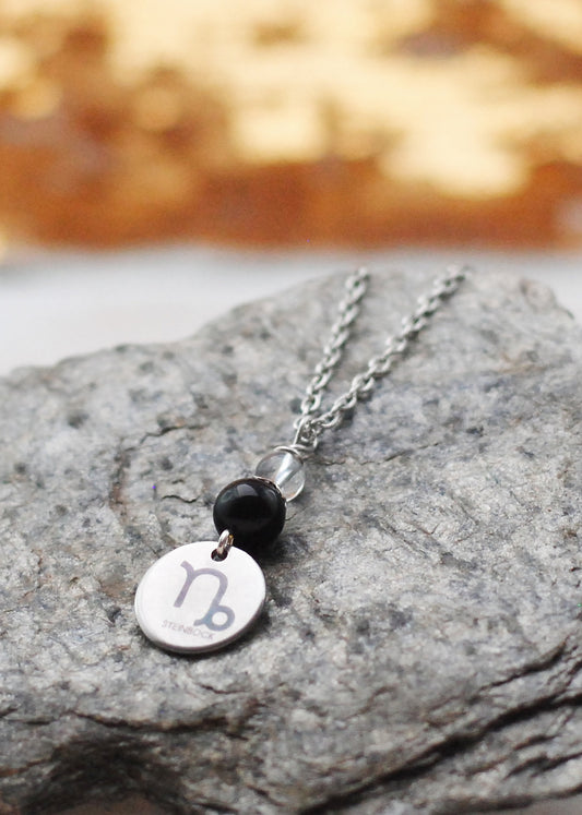 Sternzeichen Amulett Steinbock mit Onyx und Bergkristall - Edelstahl, lasergraviert