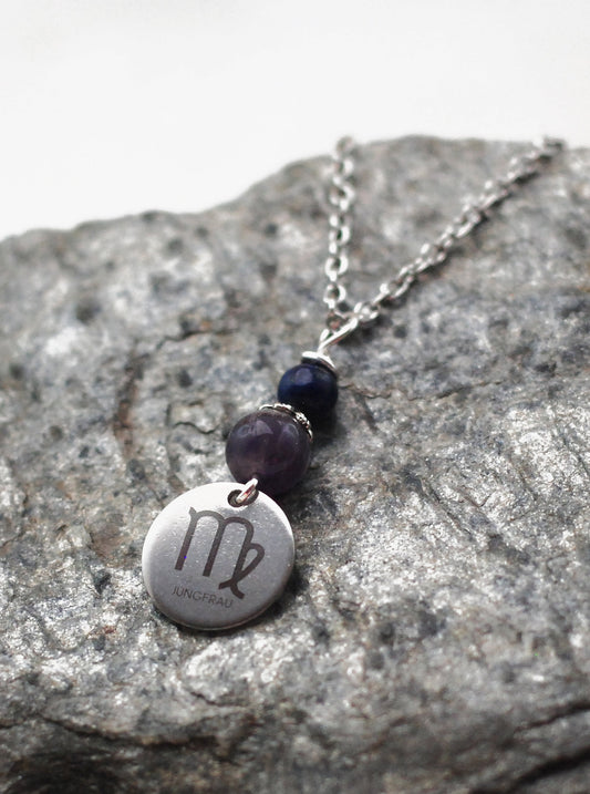 Sternzeichen Amulett Jungfrau mit Lapislazuli und Amethyst - Edelstahl, lasergraviert
