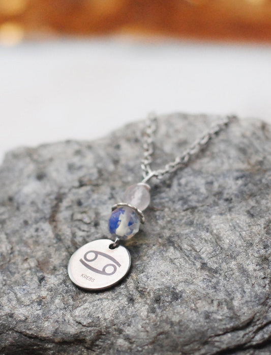 Sternzeichen Amulett Krebs mit Rosenquarz und Mondstein - Edelstahl, lasergraviert