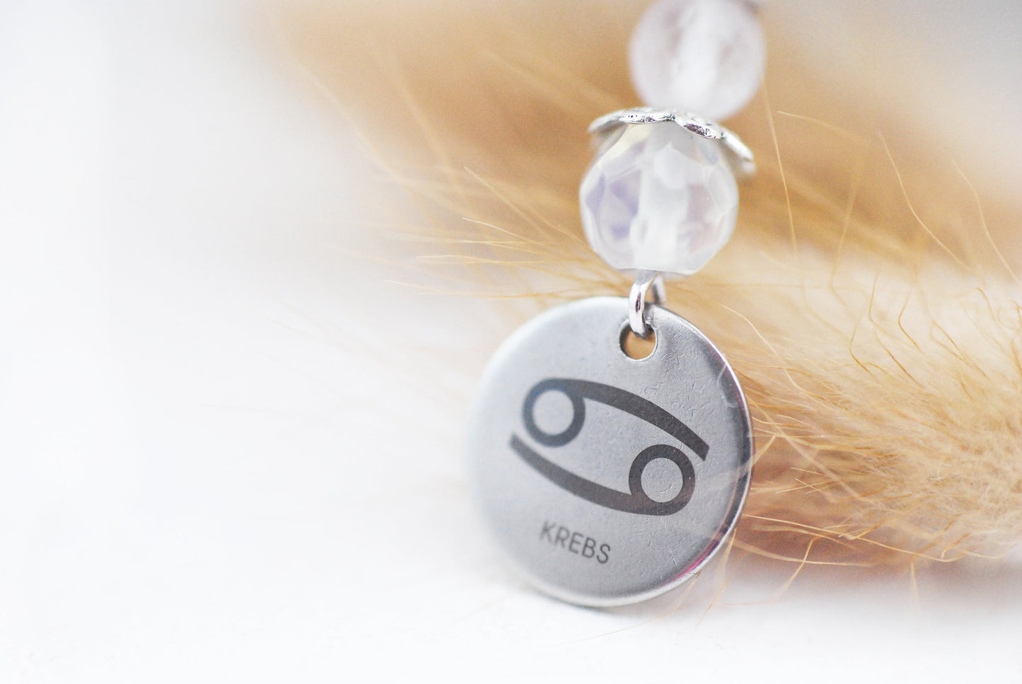 Sternzeichen Amulett Krebs mit Rosenquarz und Mondstein - Edelstahl, lasergraviert