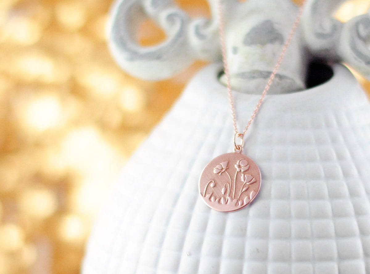 Roségold vergoldeter Anhänger 18K "Mohnblumenfeld" optional mit Kette