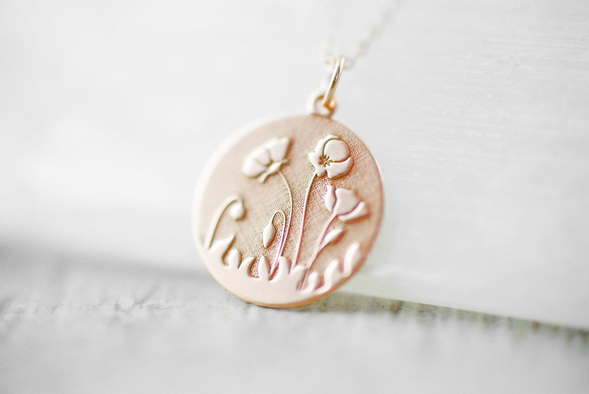 Roségold vergoldeter Anhänger 18K "Mohnblumenfeld" optional mit Kette