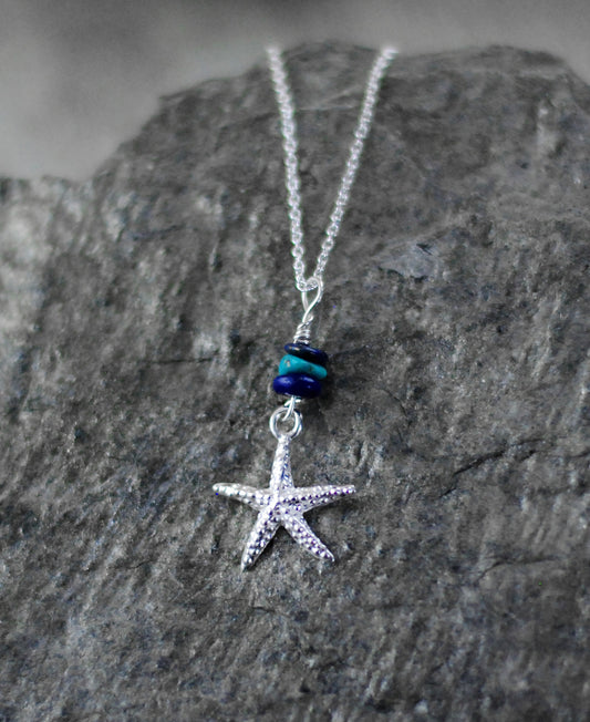 925er Silber Kette "Meeresschatz" Seestern mit Lapislazuli und Türkis