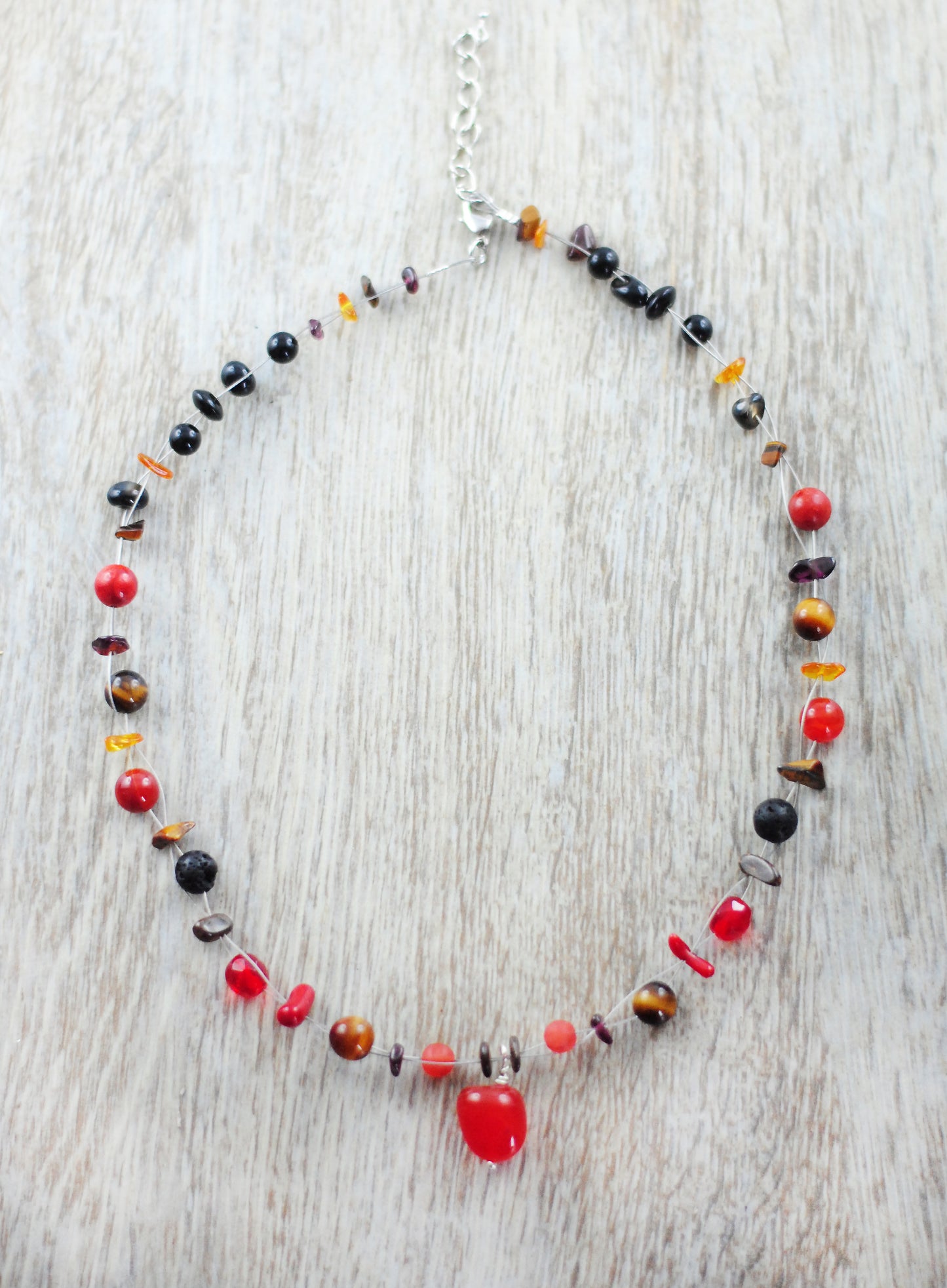 "Lagerfeuer" Unikat-Kette mit Carneol, Tigerauge, Bernstein, ...
