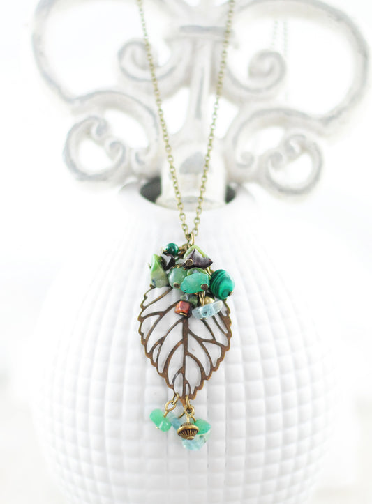 Kette "Laubblatt" mit Aventurin, Malachit, Tigerauge, Aquamarin und Jaspis