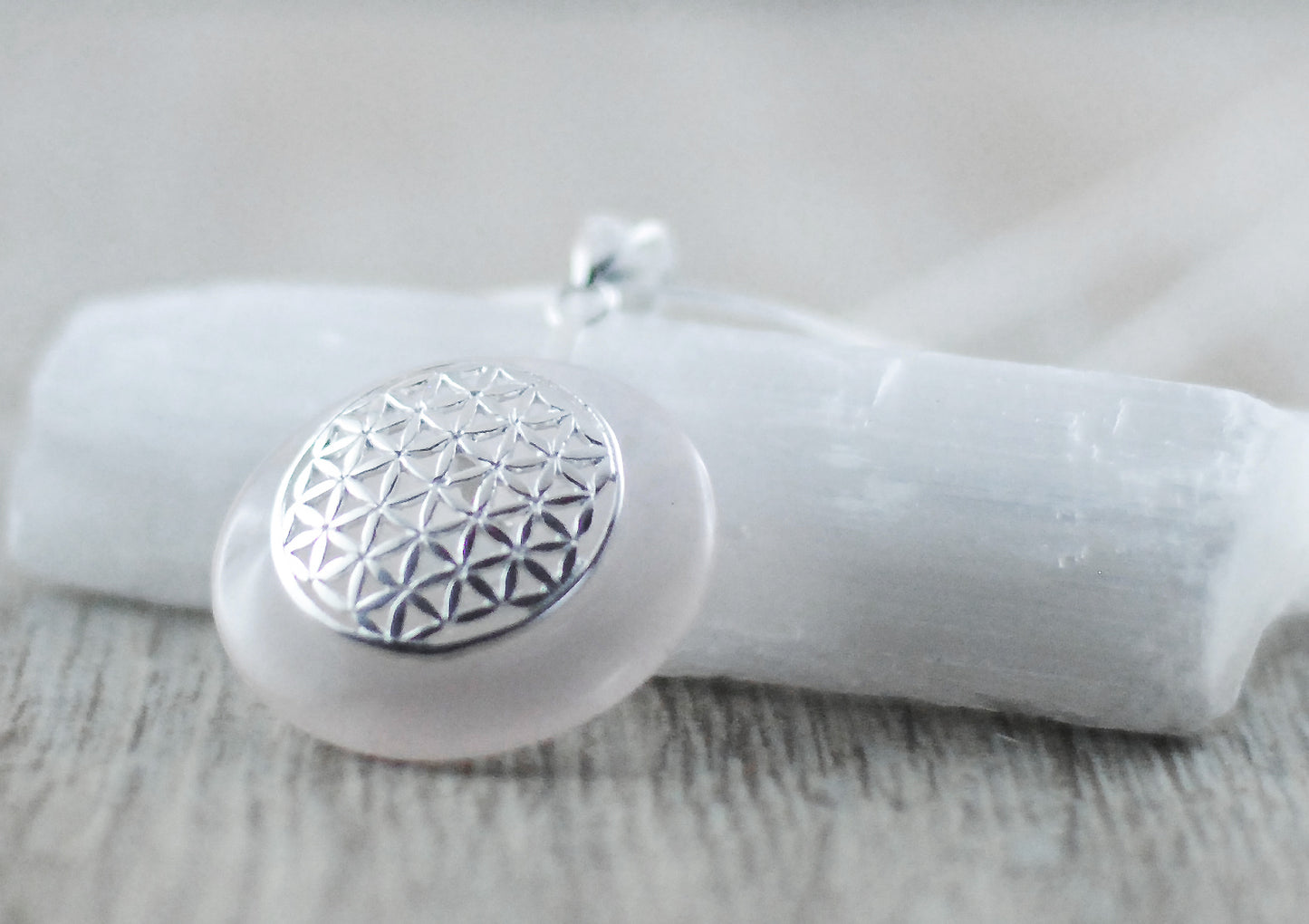 925 Silber Wechsel-Amulett Blume des Lebens mit Rosenquarz (Stein auswechselbar)
