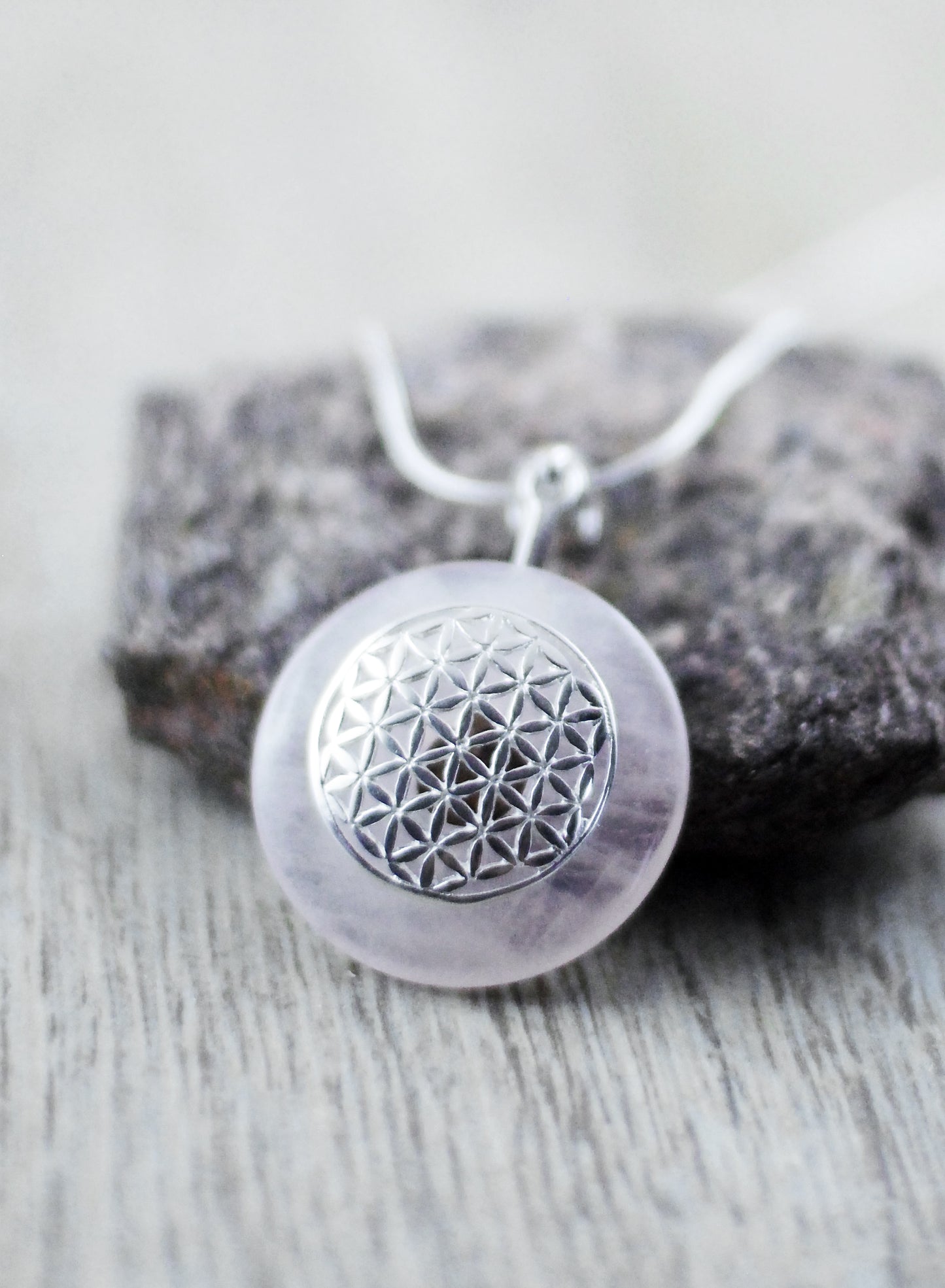 925 Silber Wechsel-Amulett Blume des Lebens mit Rosenquarz (Stein auswechselbar)