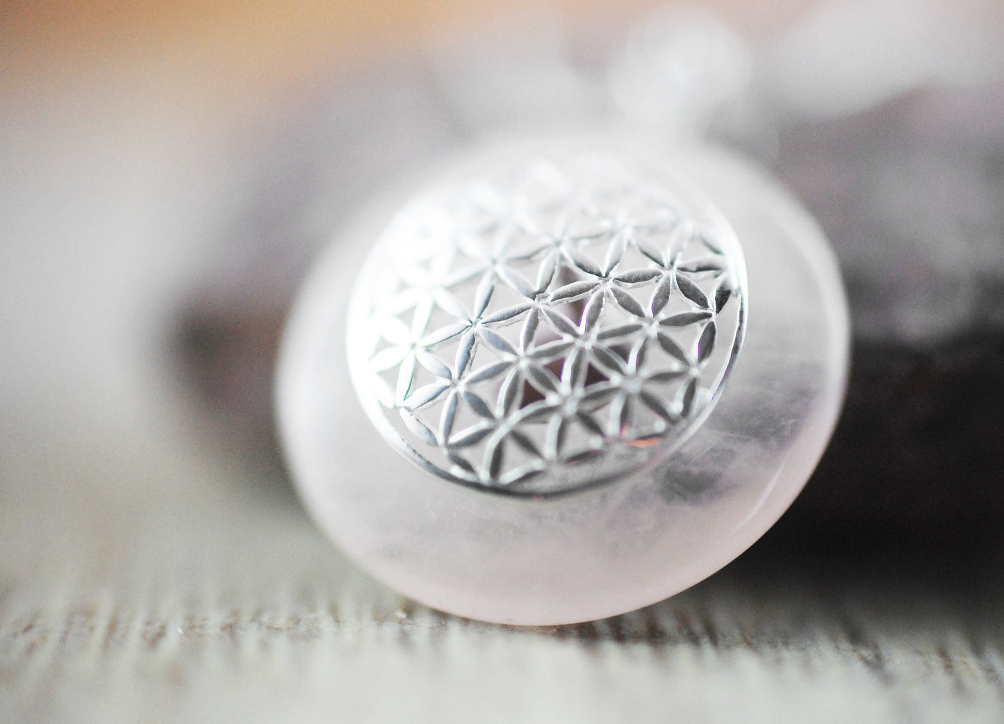 925 Silber Wechsel-Amulett Blume des Lebens mit Rosenquarz (Stein auswechselbar)