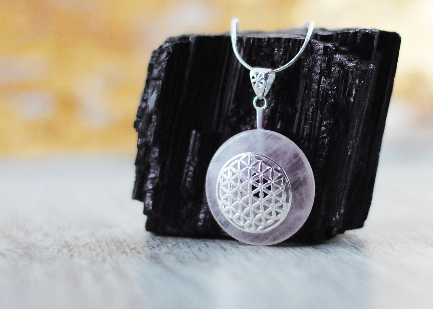 925 Silber Wechsel-Amulett Blume des Lebens mit Rosenquarz (Stein auswechselbar)