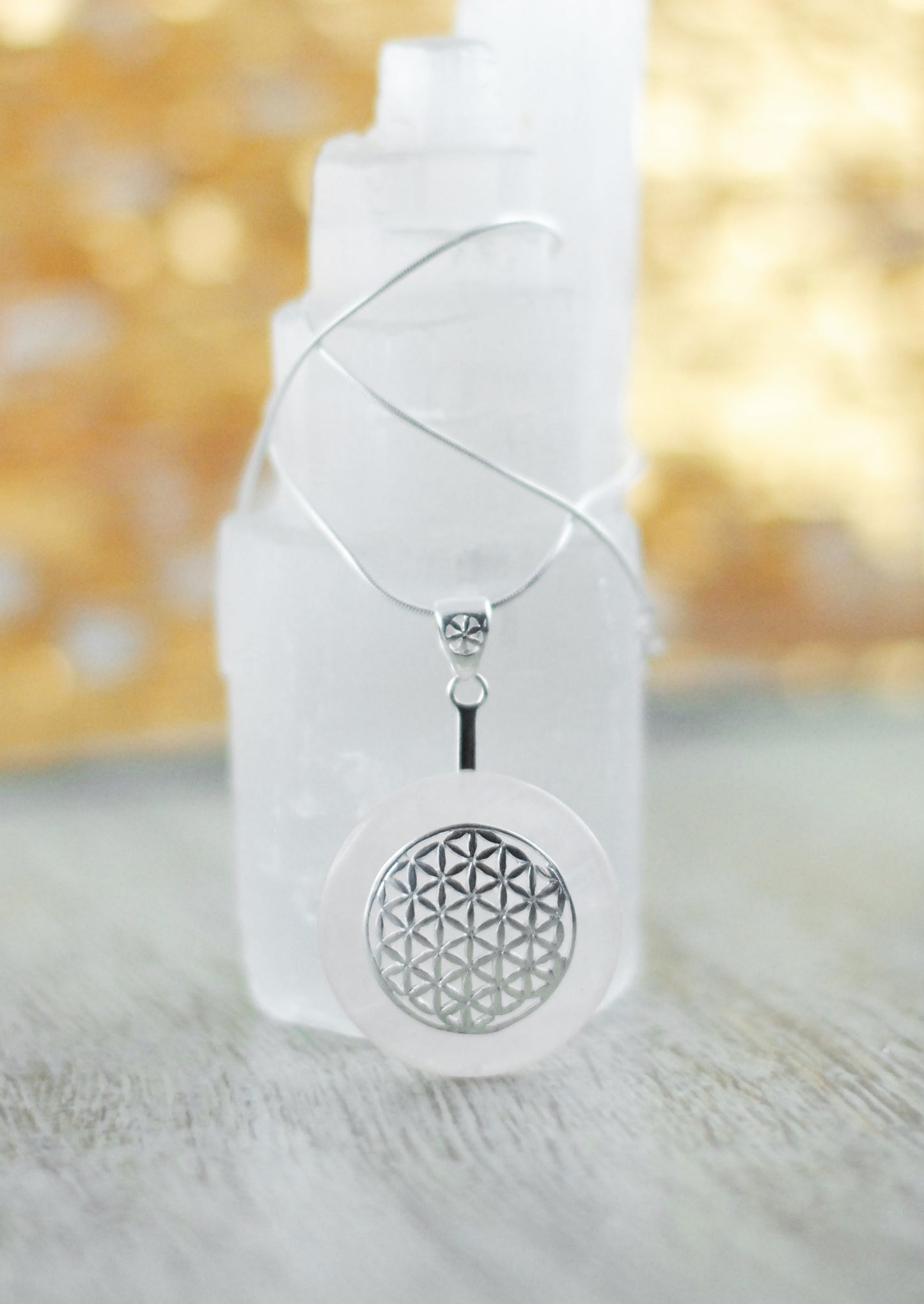 925 Silber Wechsel-Amulett Blume des Lebens mit Rosenquarz (Stein auswechselbar)
