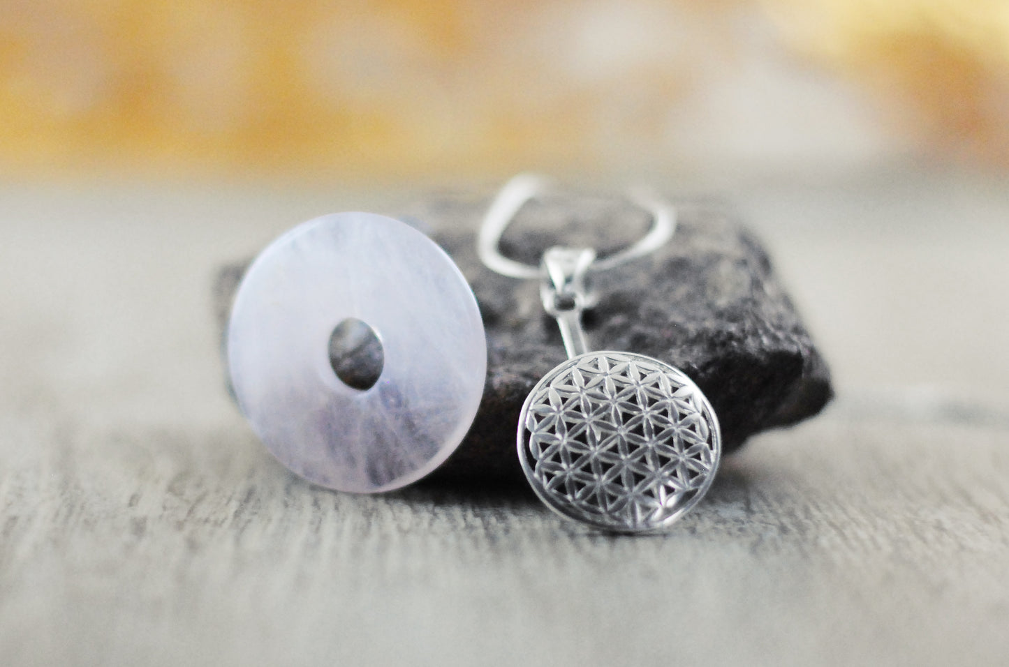 925 Silber Wechsel-Amulett Blume des Lebens mit Rosenquarz (Stein auswechselbar)