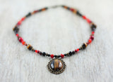 "Tigerauge" Unikat-Kette mit Granat, Tigerauge, Bronzit, Jaspis ...