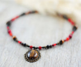 "Tigerauge" Unikat-Kette mit Granat, Tigerauge, Bronzit, Jaspis ...