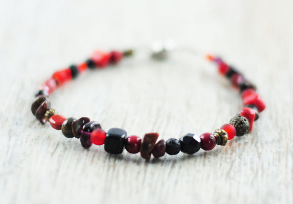 Tigerauge / UNIKAT-Armband mit Onyx, Koralle, Bronzit, Granat, Tigerauge ...
