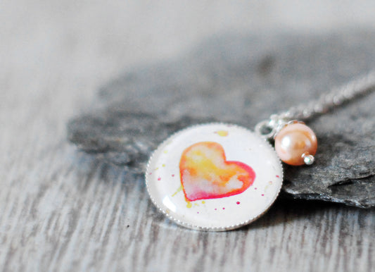 Kette mit Herz in Orange und Rot in Aquarell
