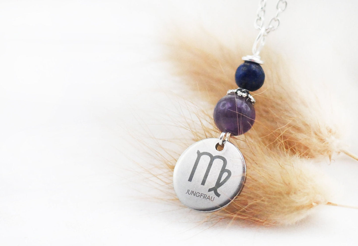 Sternzeichen Amulett Jungfrau mit Lapislazuli und Amethyst - Edelstahl, lasergraviert