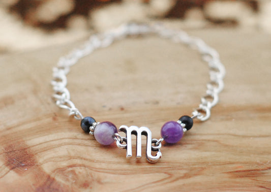 Armschmuck Skorpion versilbert mit Obsidian und Amethyst - Sternzeichen Schmuck