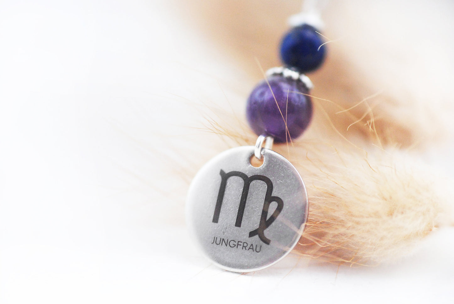 Sternzeichen Amulett Jungfrau mit Lapislazuli und Amethyst - Edelstahl, lasergraviert