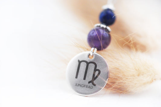 Sternzeichen Amulett Jungfrau mit Lapislazuli und Amethyst - Edelstahl, lasergraviert